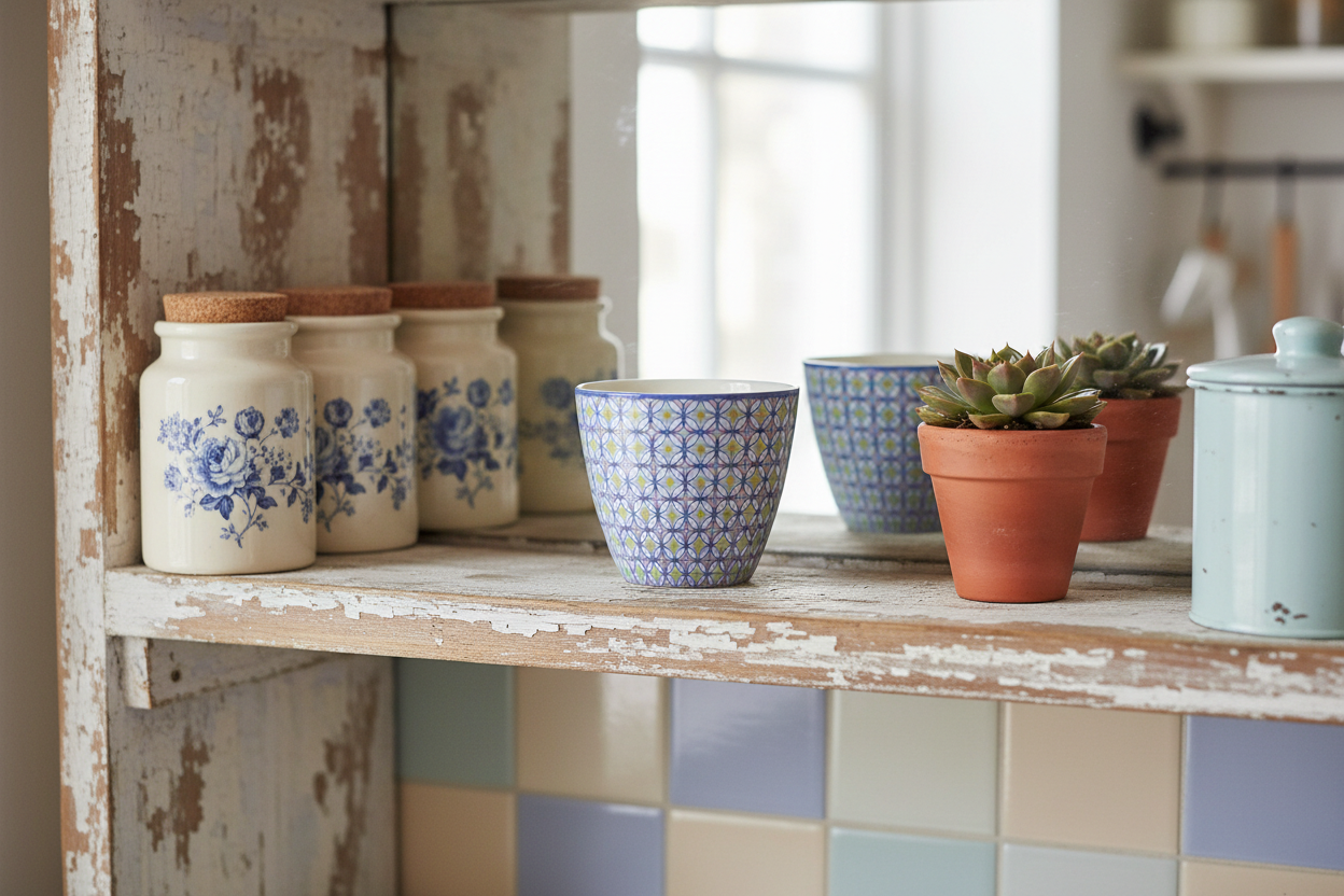 GreenGate Latte Becher Lola Hellblau mit geometrischem Muster auf Holzregal im skandinavischen Küchenstil