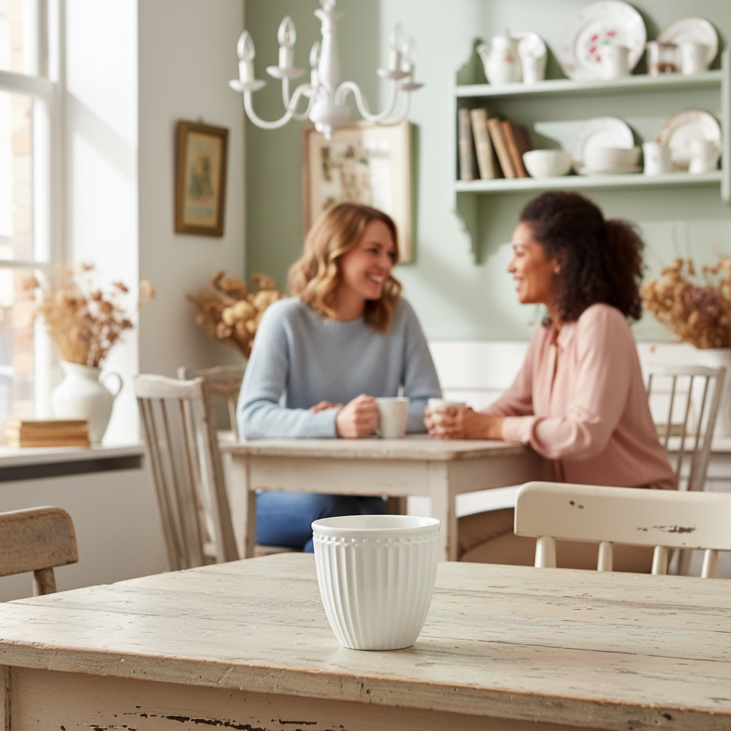 GreenGate Mini Latte Cup Alice Weiß aus Porzellan auf Holztisch in gemütlicher Wohnszene