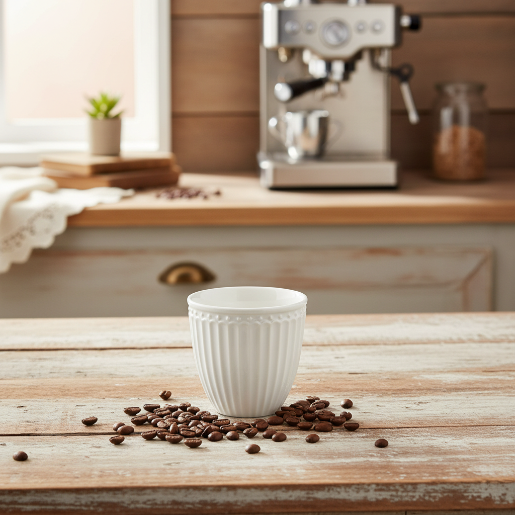 GreenGate Mini Latte Cup Alice Weiß neben Kaffeebohnen und Espressomaschine