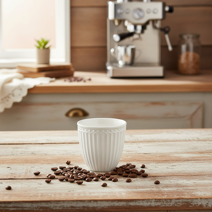 GreenGate Mini Latte Cup Alice Weiß neben Kaffeebohnen und Espressomaschine