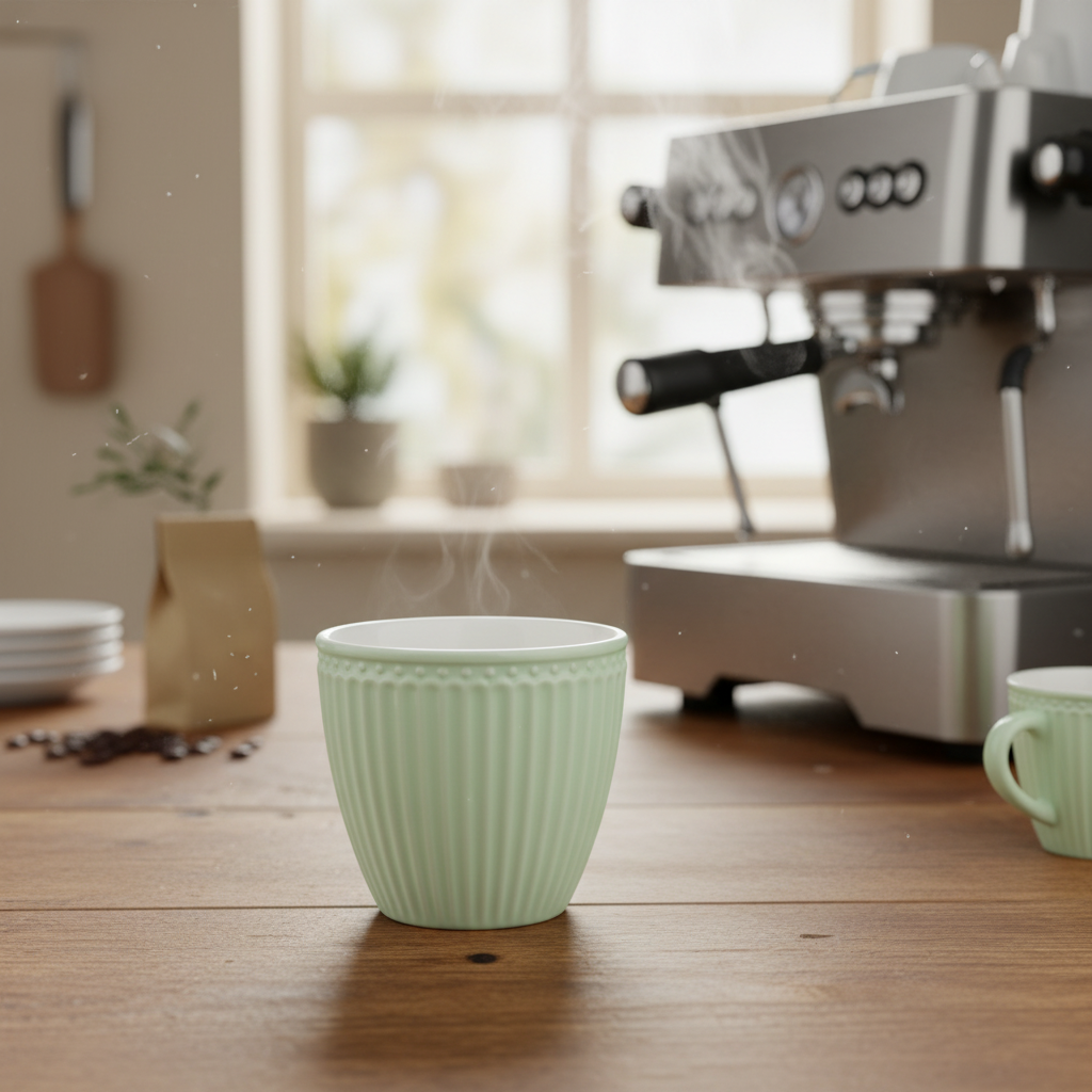 GreenGate Mini Latte Becher Alice Hellgrün neben Espressomaschine auf Holztisch