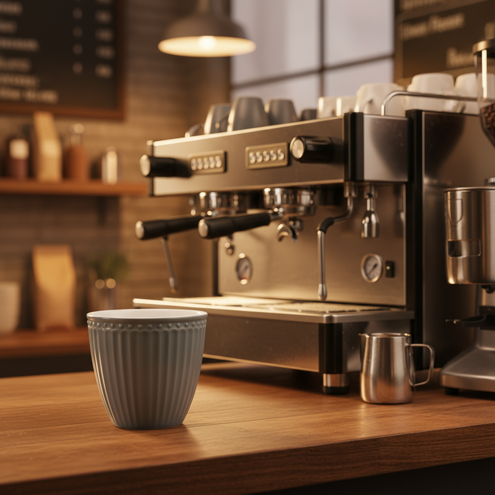 GreenGate Mini Latte Cup Alice Steingrau aus Porzellan im Hintergrund Espressomaschine
