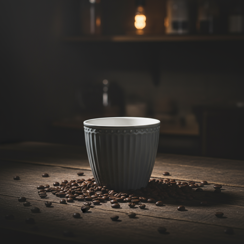 GreenGate Alice Steingrau Mini Latte Cup auf Holztisch mit Kaffeebohnen
