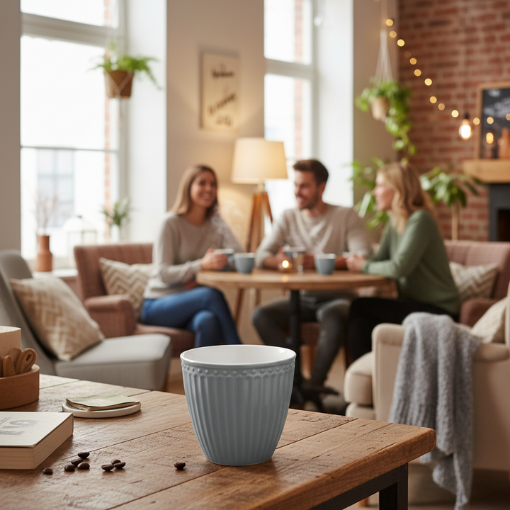 GreenGate Alice Steingrau Mini Latte Cup weihnachtlich dekoriert mit Kerzen und Gewürzen
