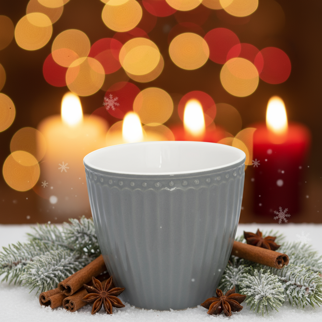 GreenGate Alice Steingrau Mini Latte Cup weihnachtlich dekoriert mit Kerzen und Gewürzen

