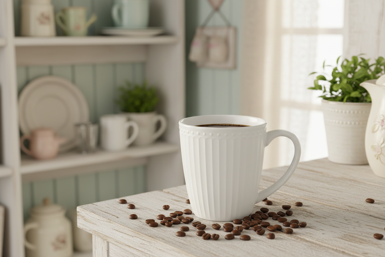 GreenGate Henkeltasse Alice Weiß aus Porzellan mit Kaffee auf Holztisch in skandinavischer Küche im Landhausstil