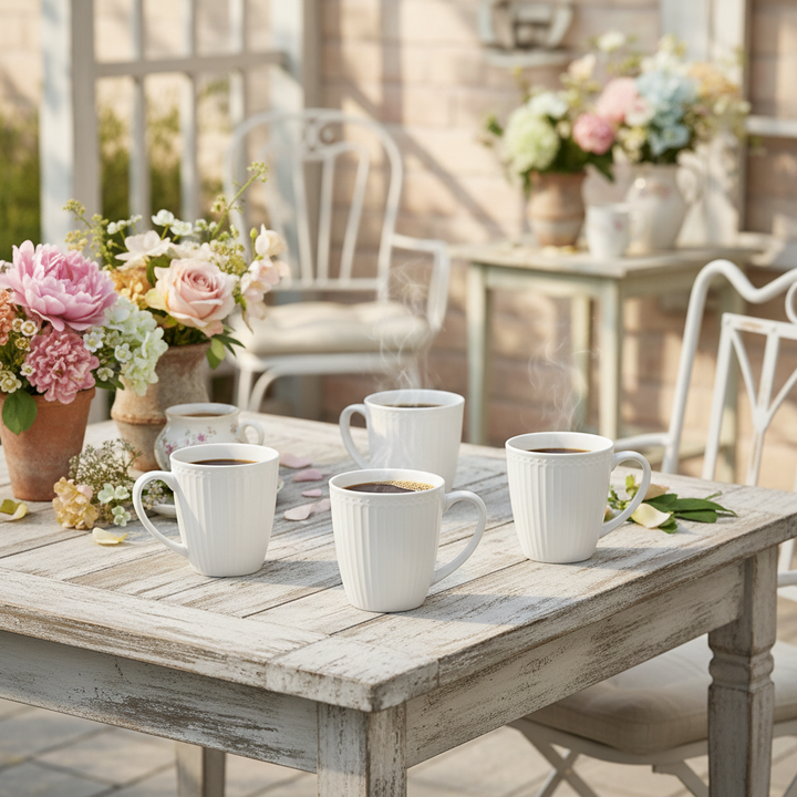 GreenGate Henkeltasse Alice Weiß aus Porzellan als Set auf Holztisch mit Blumen im romantischen Landhausstil
