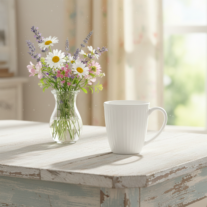 GreenGate Henkeltasse Alice Weiß aus Porzellan neben Blumenvase auf Holztisch im hellen skandinavischen Wohnstil