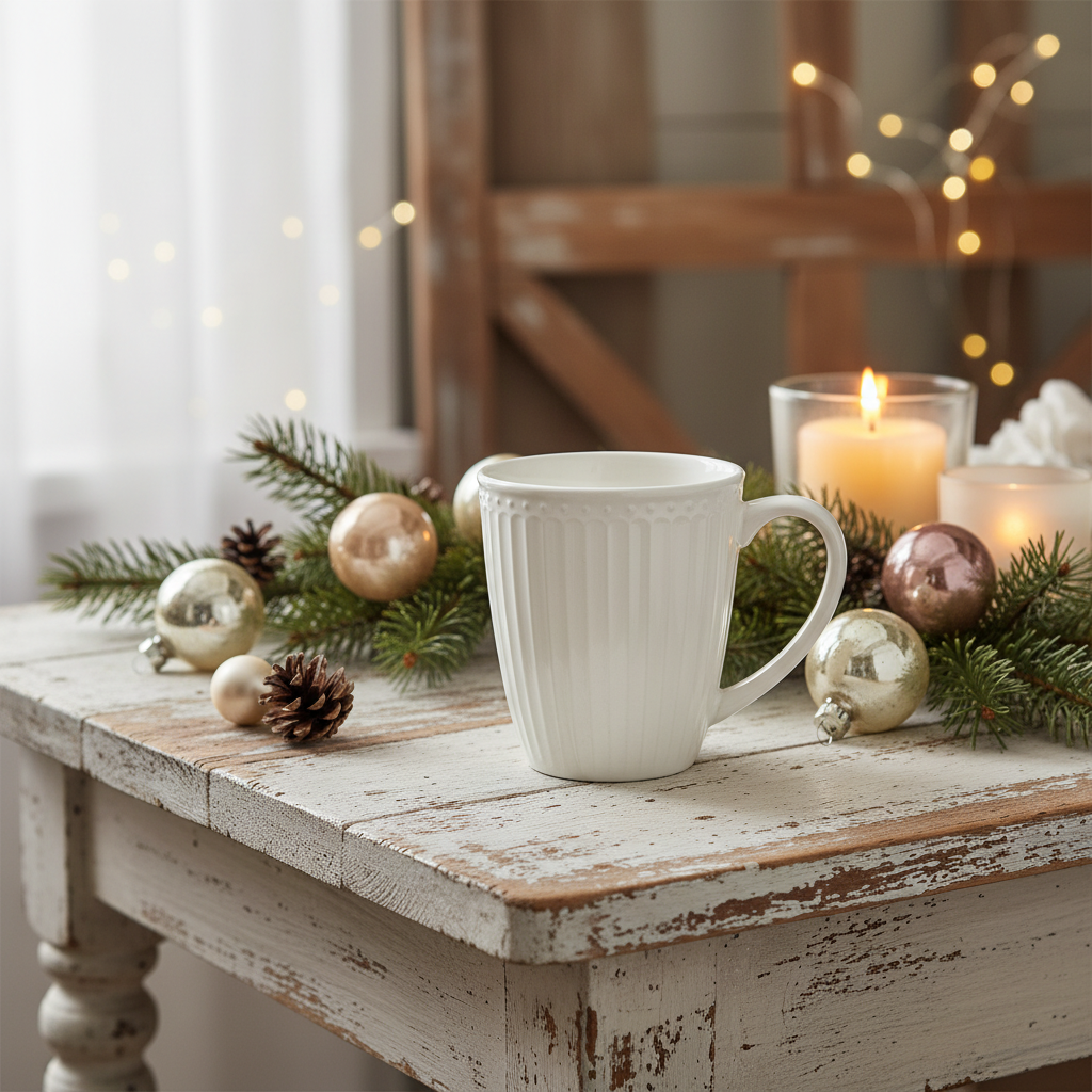 GreenGate Henkeltasse Alice Weiß aus Porzellan auf rustikalem Holztisch mit weihnachtlicher Dekoration im skandinavischen Stil