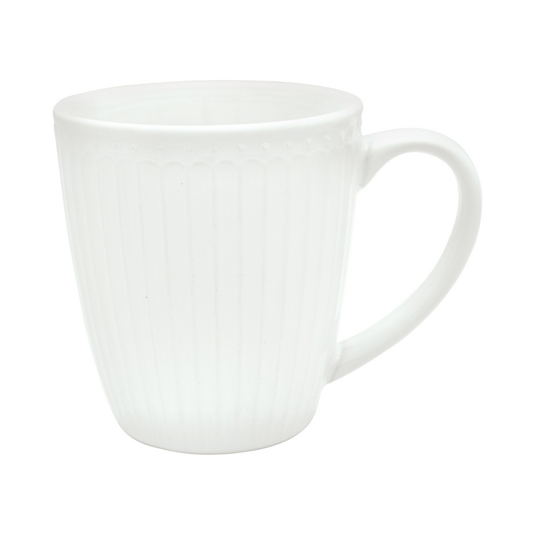 GreenGate Henkeltasse Alice Weiß aus Porzellan mit feiner Rillenstruktur und Perlenrand im skandinavischen Landhausstil