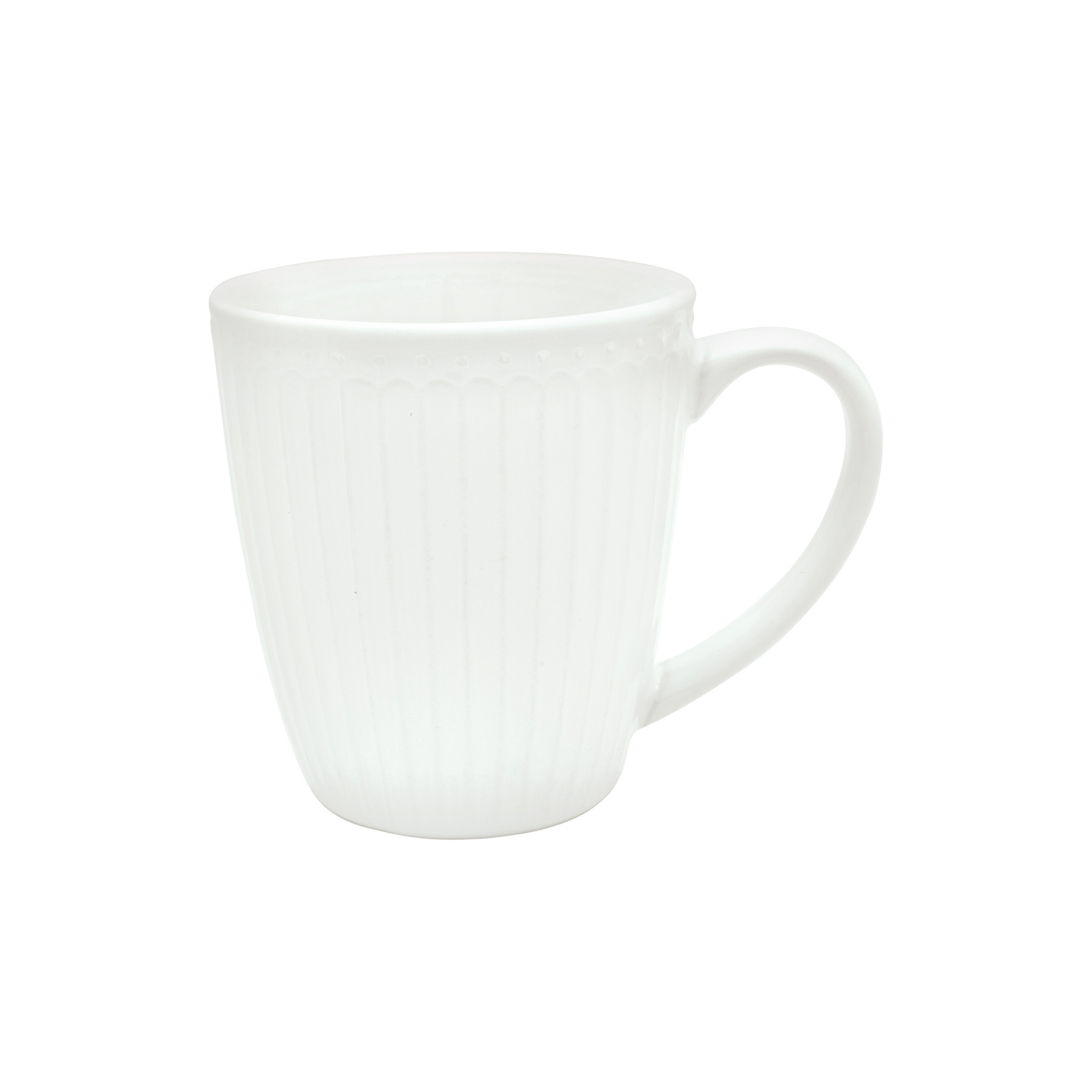 GreenGate Henkeltasse Alice Weiß aus Porzellan mit feiner Rillenstruktur und Perlenrand im skandinavischen Landhausstil
