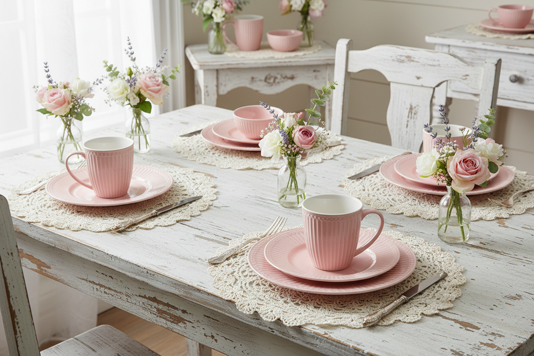 GreenGate Tasse Alice Rosa auf gedecktem Landhaus Tisch mit passendem Geschirr und Blumen