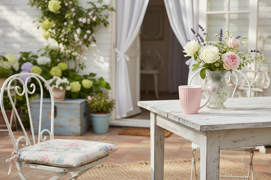 GreenGate Henkeltasse Alice Rosa 0,35 l auf Landhaus Tisch mit Blumenarrangement