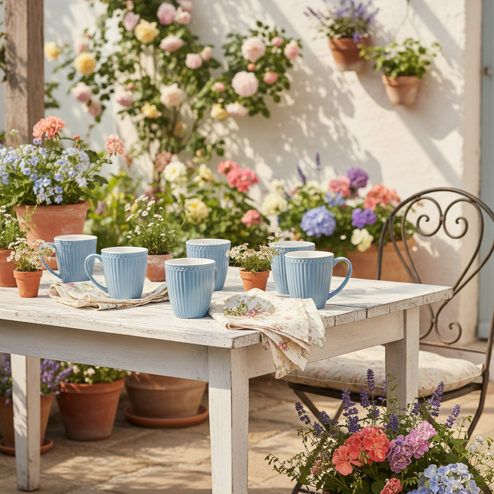GreenGate Henkeltasse Alice Himmelblau aus Porzellan auf Gartentisch mit Blumen im romantischen skandinavischen Landhausstil