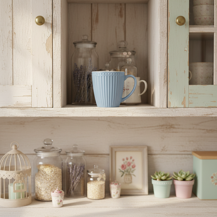 GreenGate Tasse Alice Himmelblau 0,35 l aus Porzellan in Vintage Küchenregal im skandinavischen Landhausstil