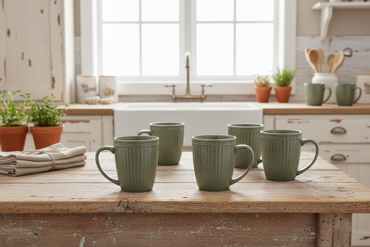 GreenGate Tasse Alice Olivgrün 0,35 l aus Porzellan mit Rillenstruktur auf rustikalem Holztisch in heller Landhausküche