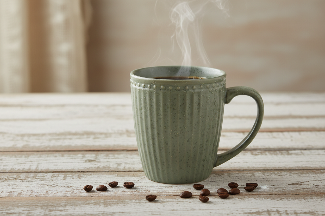 GreenGate Henkeltasse Alice Olivgrün mit Kaffee gefüllt auf Holztisch, Porzellan mit feiner Rillenstruktur im skandinavischen Stil