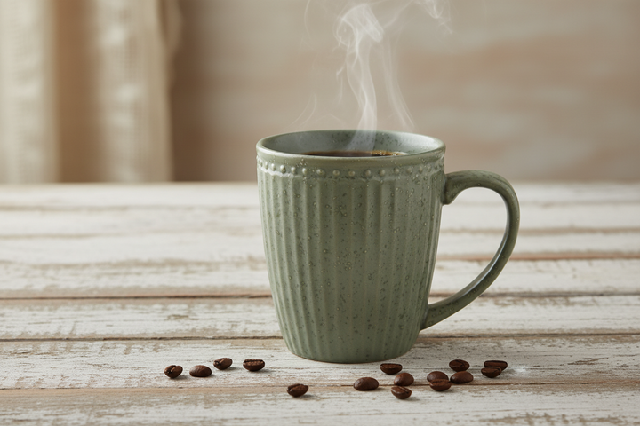 GreenGate Henkeltasse Alice Olivgrün mit Kaffee gefüllt auf Holztisch, Porzellan mit feiner Rillenstruktur im skandinavischen Stil