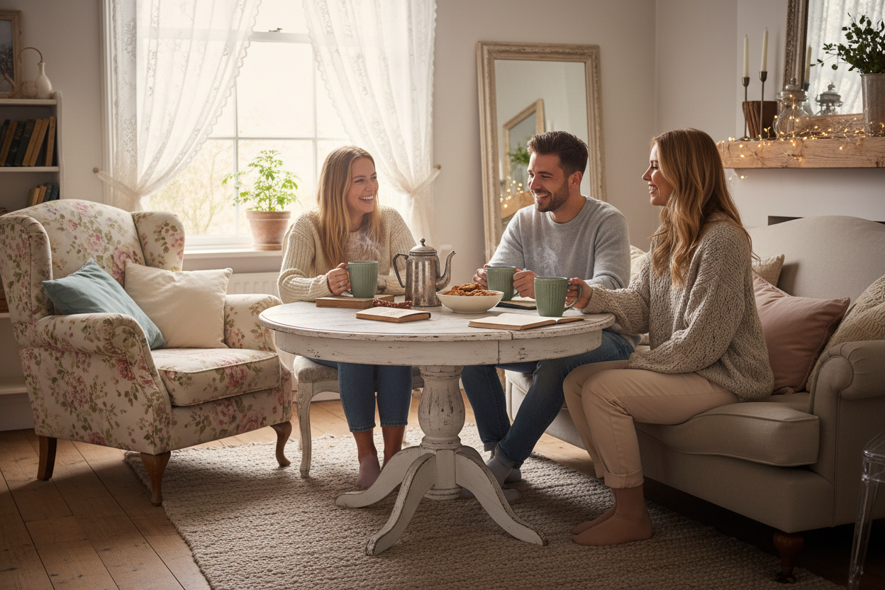 GreenGate Henkeltasse Alice Olivgrün aus Porzellan im skandinavischen Landhausstil auf Wohnzimmertisch bei gemütlicher Kaffeerunde