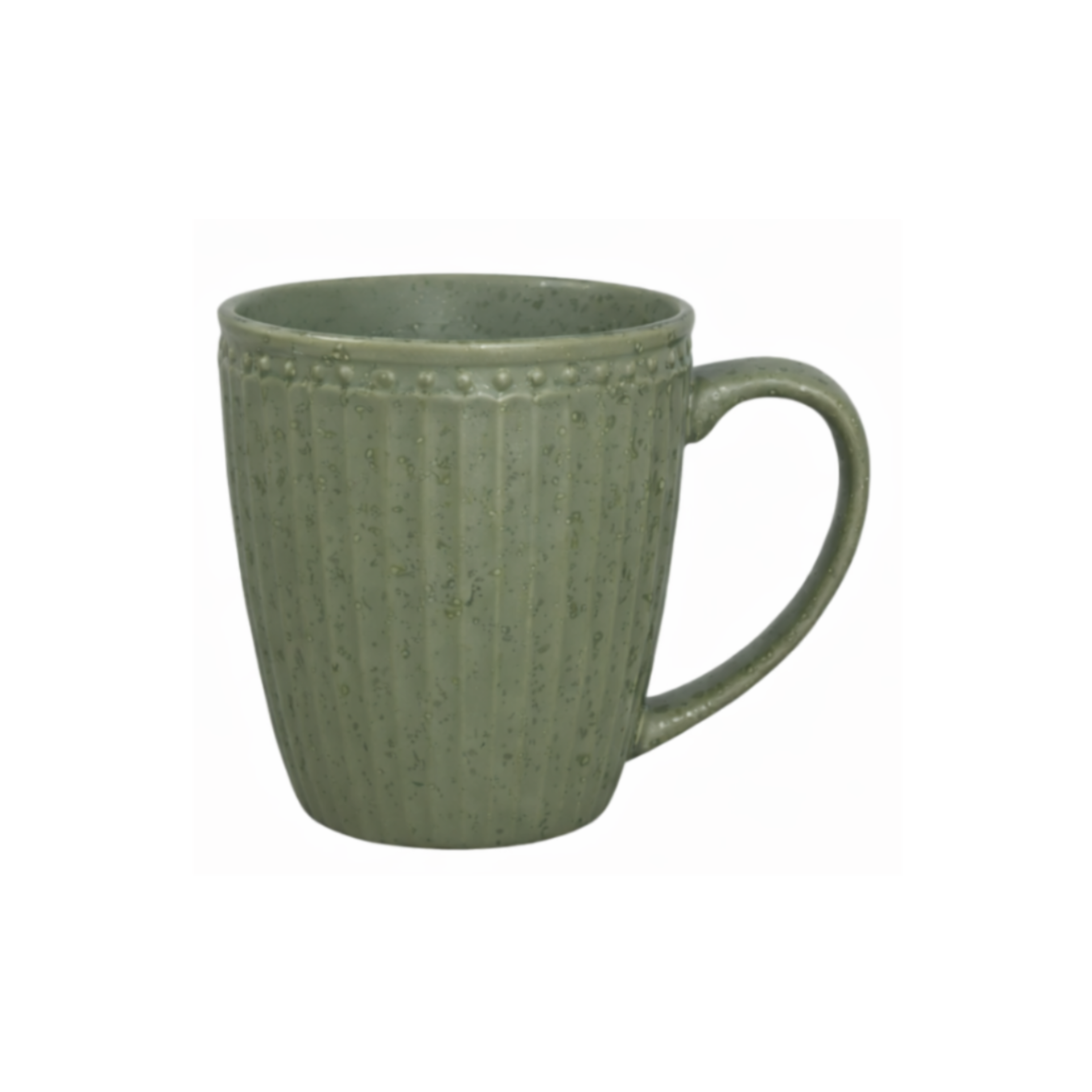 GreenGate Henkeltasse Alice Olivgrün aus Porzellan mit feiner Rillenstruktur und Perlenrand im skandinavischen Landhausstil