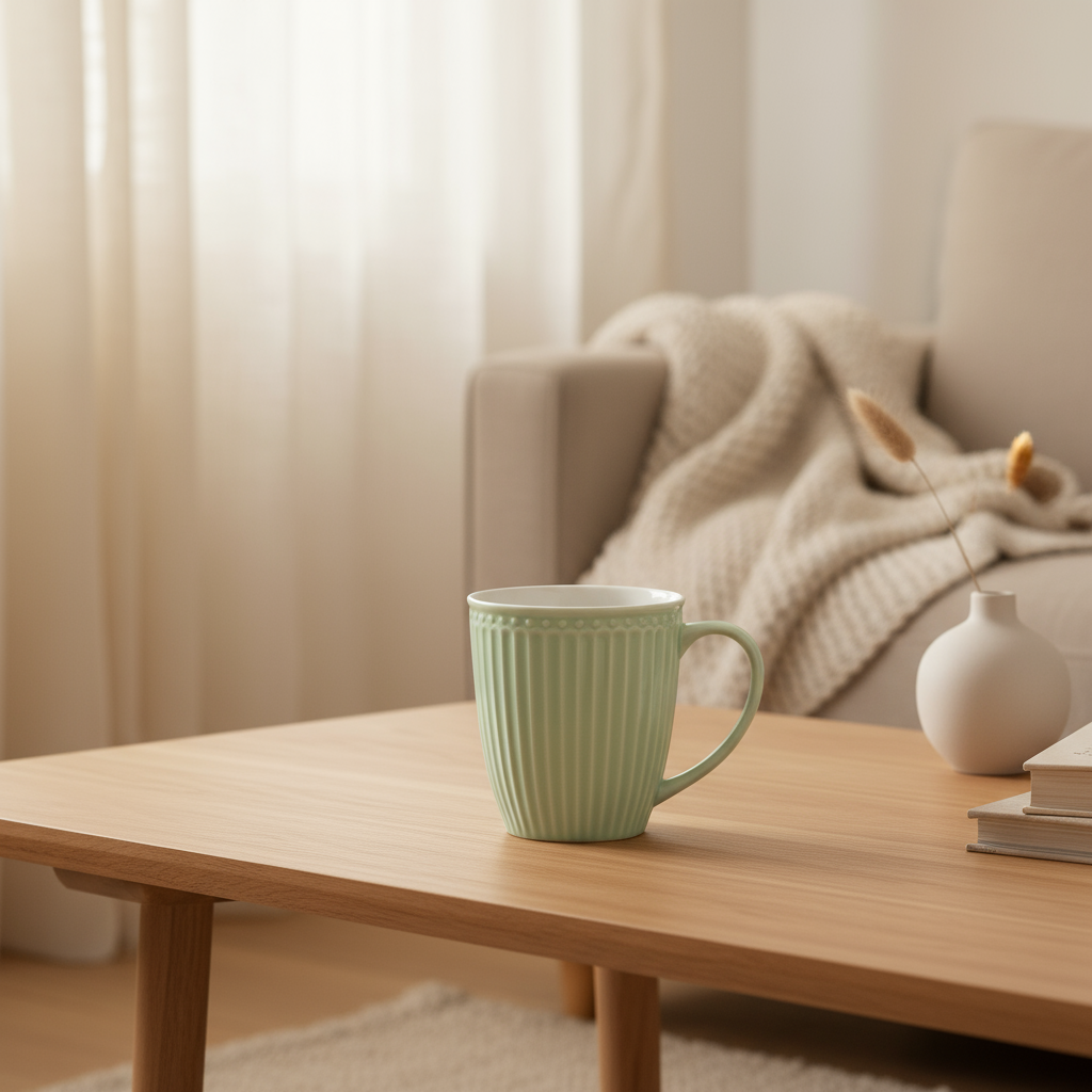 GreenGate Tasse Alice Hellgrün Porzellan auf Holztisch im skandinavischen Wohnstil dekoriert