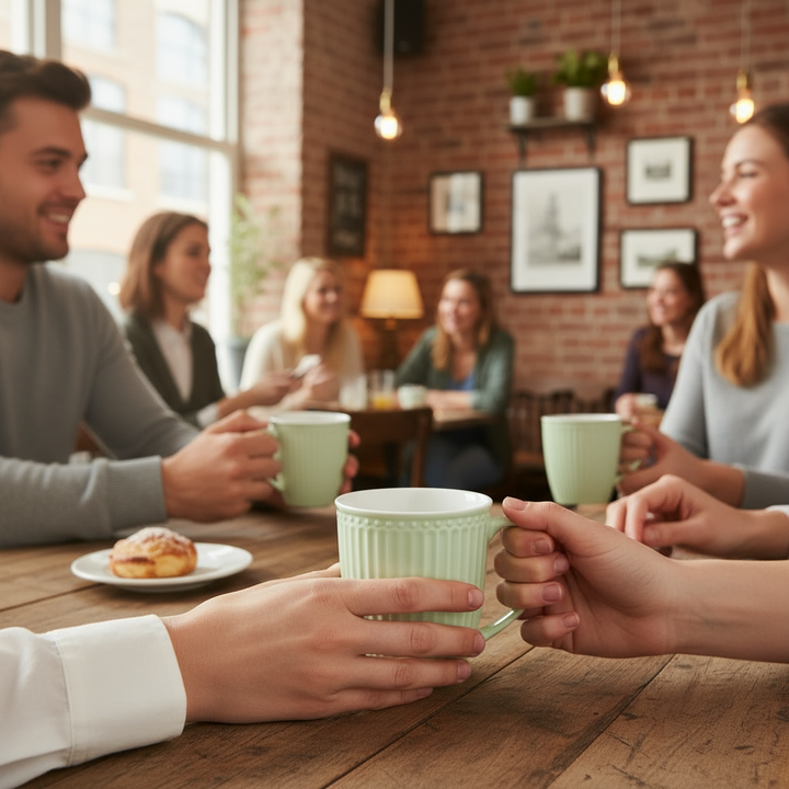 GreenGate Tasse Alice Hellgrün 0,35 l Porzellan Henkeltasse bei gemütlichem Kaffeetreffen im Café