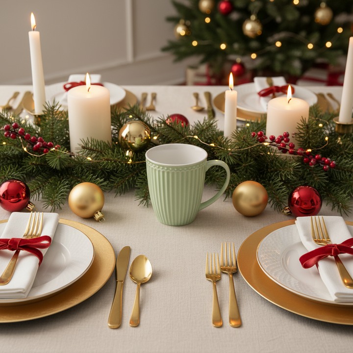 GreenGate Tasse Alice Hellgrün aus Porzellan auf festlich gedecktem Weihnachtstisch mit Kerzen und goldener Dekoration