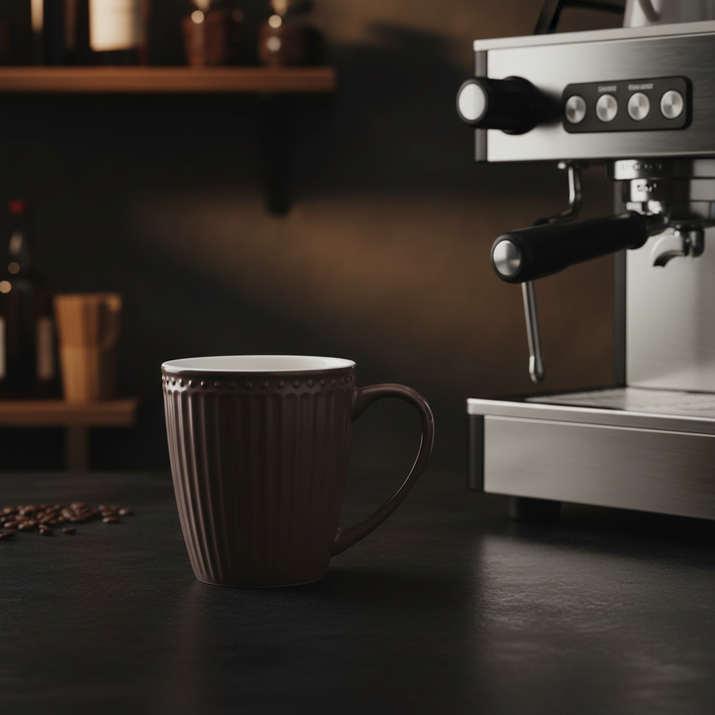 GreenGate Henkeltasse Alice Schokolade aus Porzellan 0,35 l neben Espressomaschine dekoriert