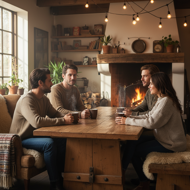 GreenGate Tasse Alice Schokolade Porzellan Henkeltasse bei gemütlichem Treffen am Kamin im Landhausstil