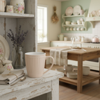 GreenGate Tasse Alice Fudge in heller Landhausküche auf Vintage-Holzregal dekoriert
