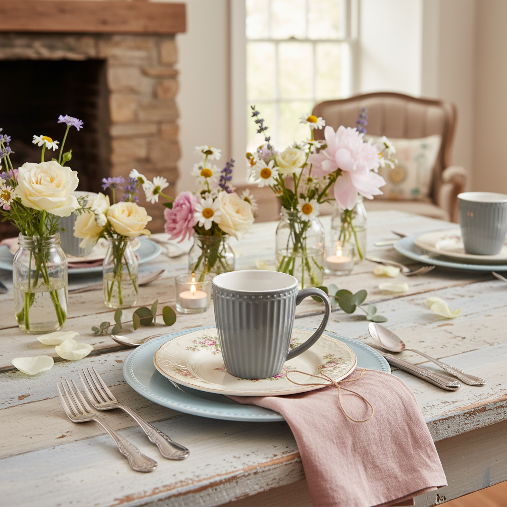 GreenGate Tasse Alice Steingrau auf romantisch gedecktem Tisch mit Blumen und Vintage-Geschirr