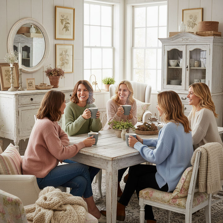 GreenGate Tasse Alice Steingrau bei gemütlicher Kaffeerunde im Landhausstil Ambiente