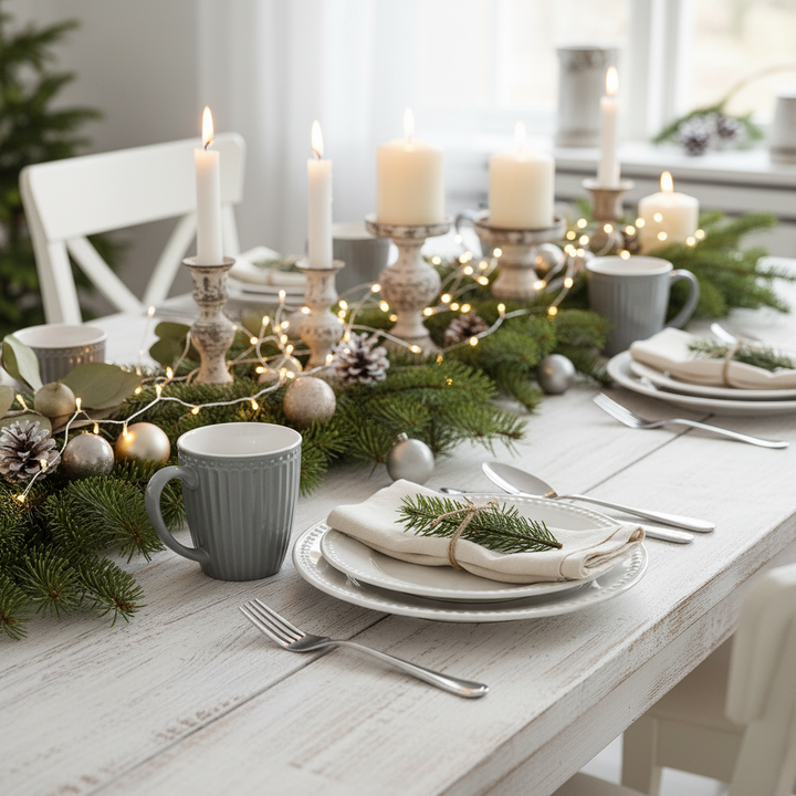 GreenGate Tasse Alice Steingrau auf festlich gedecktem Tisch mit Kerzen, Tannengrün und Lichterkette im skandinavischen Stil