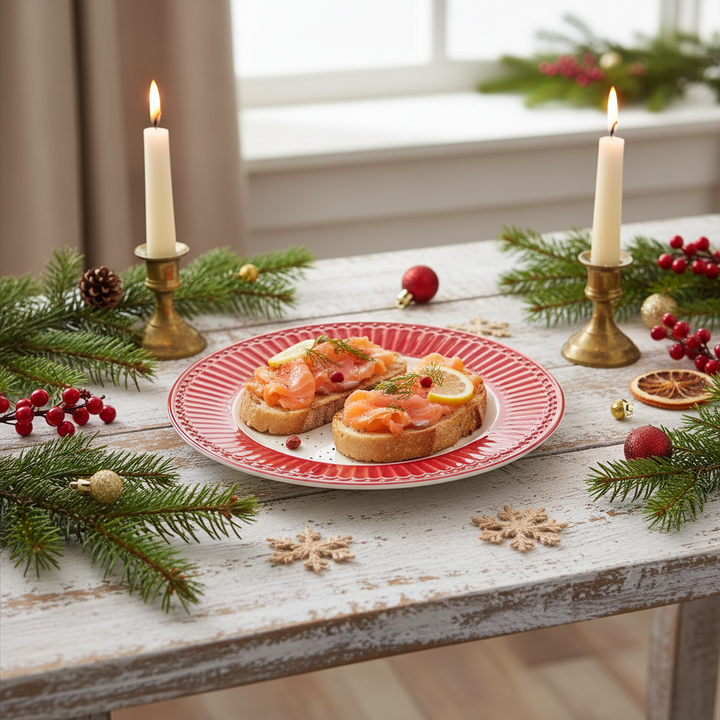 GreenGate Frühstücksteller Alice Rot 23 cm mit Lachsbroten auf weihnachtlich dekoriertem Tisch