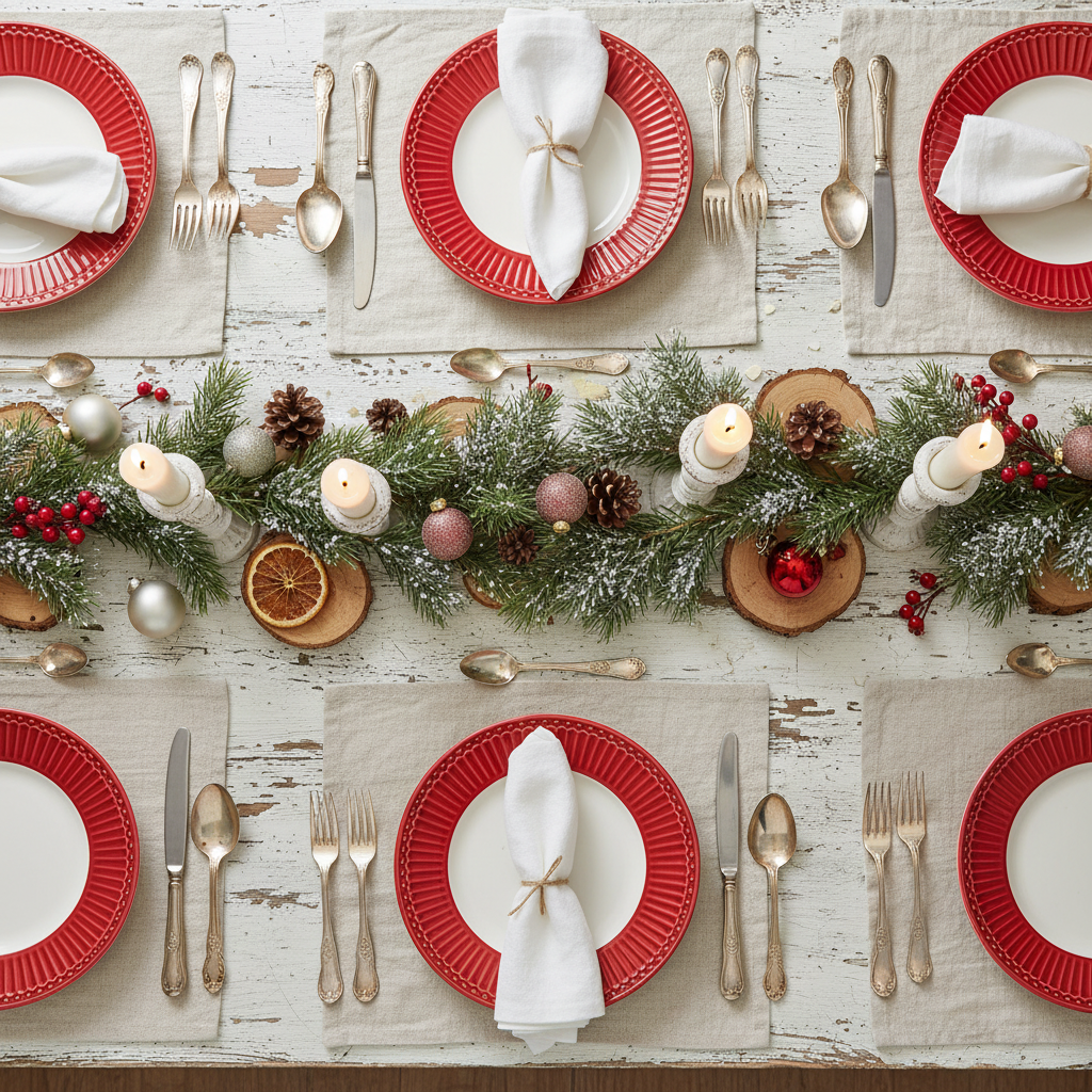 GreenGate Frühstücksteller Alice Rot 23 cm auf festlich gedecktem Weihnachtstisch im skandinavischen Landhausstil