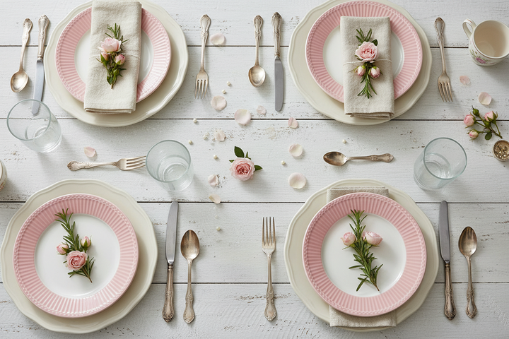 GreenGate Frühstücksteller Alice Rosa 23 cm in Tischdekoration mit Rosen und Leinenserviette