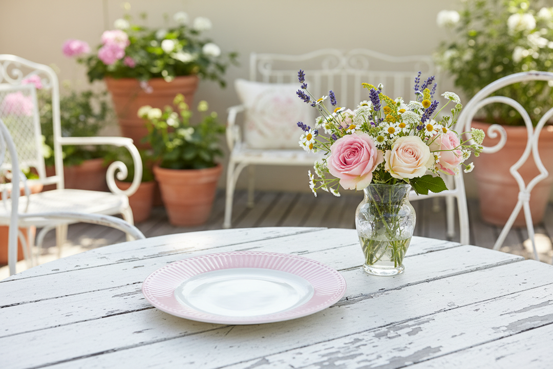 GreenGate Frühstücksteller Alice Rosa 23 cm auf weißem Gartentisch mit Blumenstrauß im Vintage-Stil