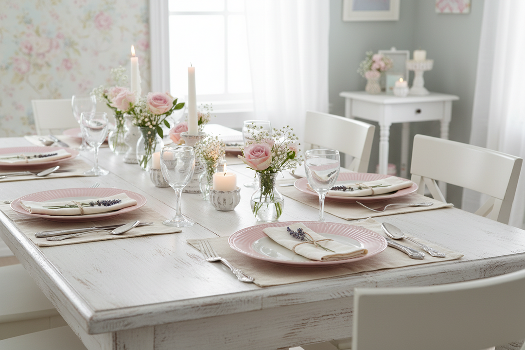 GreenGate Frühstücksteller Alice Rosa 23 cm auf romantisch gedecktem Tisch im skandinavischen Landhausstil