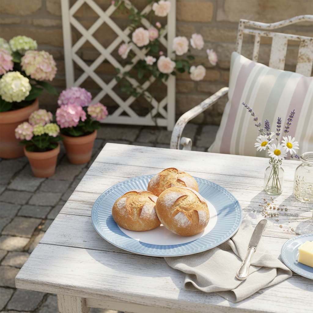 GreenGate Frühstücksteller Alice Himmelblau 23 cm mit Brötchen auf gedecktem Gartentisch