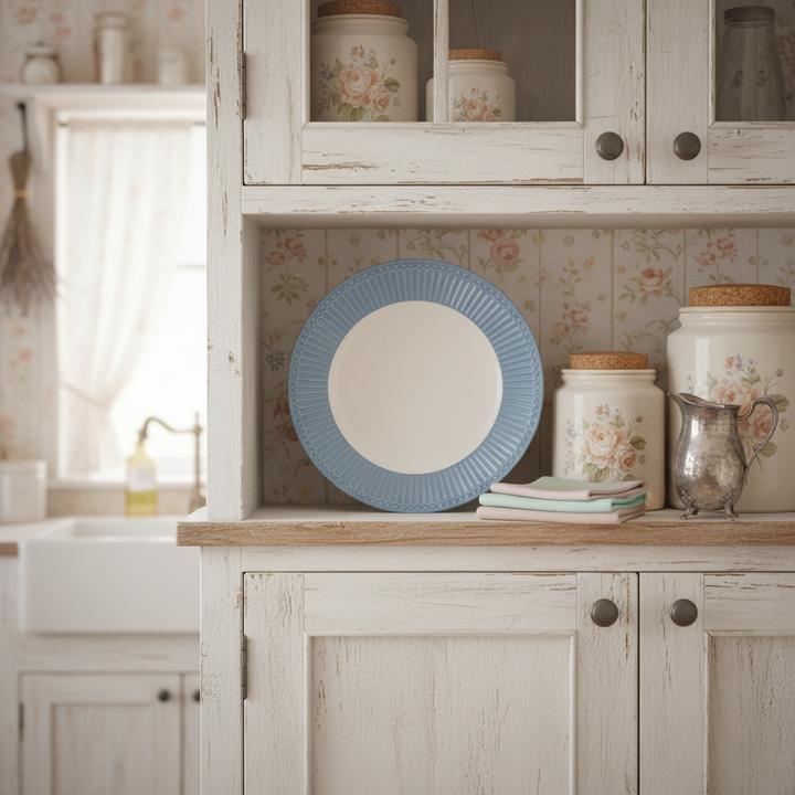 GreenGate Frühstücksteller Alice Himmelblau 23 cm im Landhausregal dekoriert