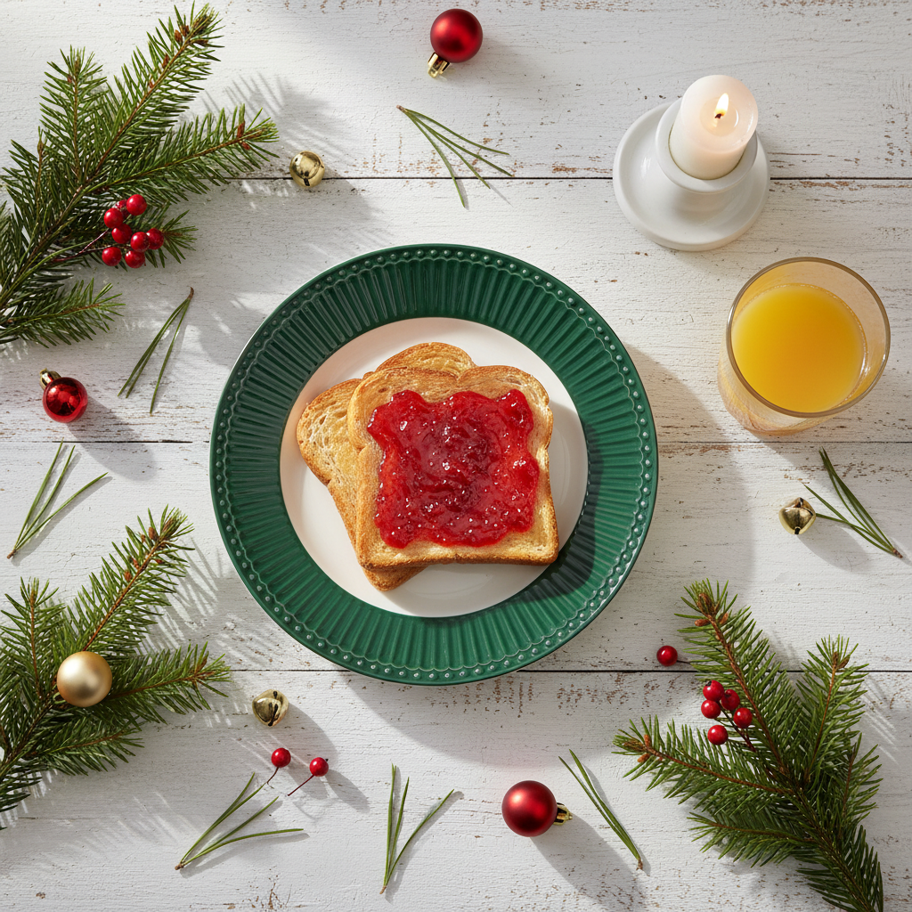 GreenGate Frühstücksteller Alice Kieferngrün 23 cm mit Frühstück auf weihnachtlich dekoriertem Tisch