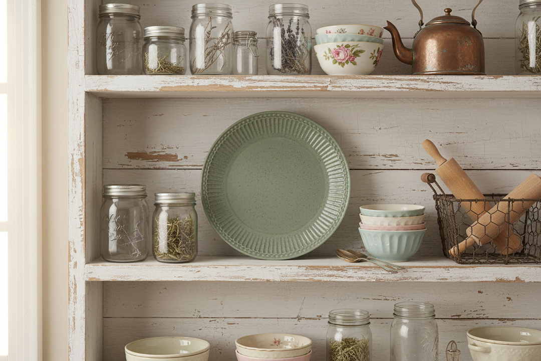 GreenGate Frühstücksteller Alice Olivgrün 23 cm im Landhaus Küchenregal mit Schalen und Glasbehältern dekoriert
