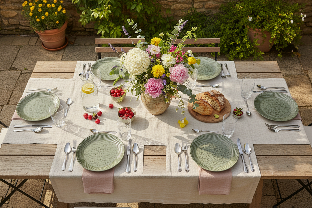 GreenGate Frühstücksteller Alice Olivgrün 23 cm auf sommerlich gedecktem Gartentisch im skandinavischen Stil