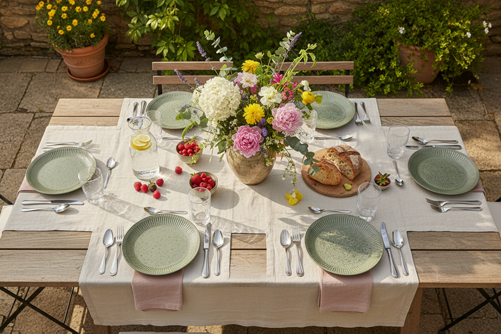 GreenGate Frühstücksteller Alice Olivgrün 23 cm auf sommerlich gedecktem Gartentisch im skandinavischen Stil