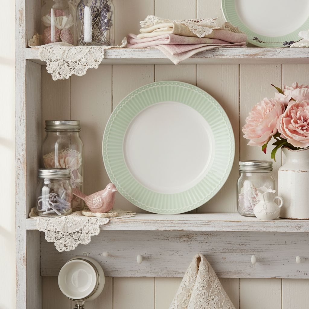 GreenGate Frühstücksteller Alice Hellgrün 23 cm dekorativ im Landhausregal präsentiert