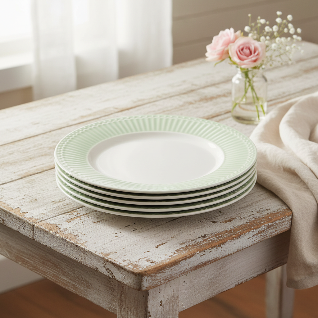 GreenGate Frühstücksteller Alice Hellgrün 23 cm aus Porzellan im Stapel arrangiert