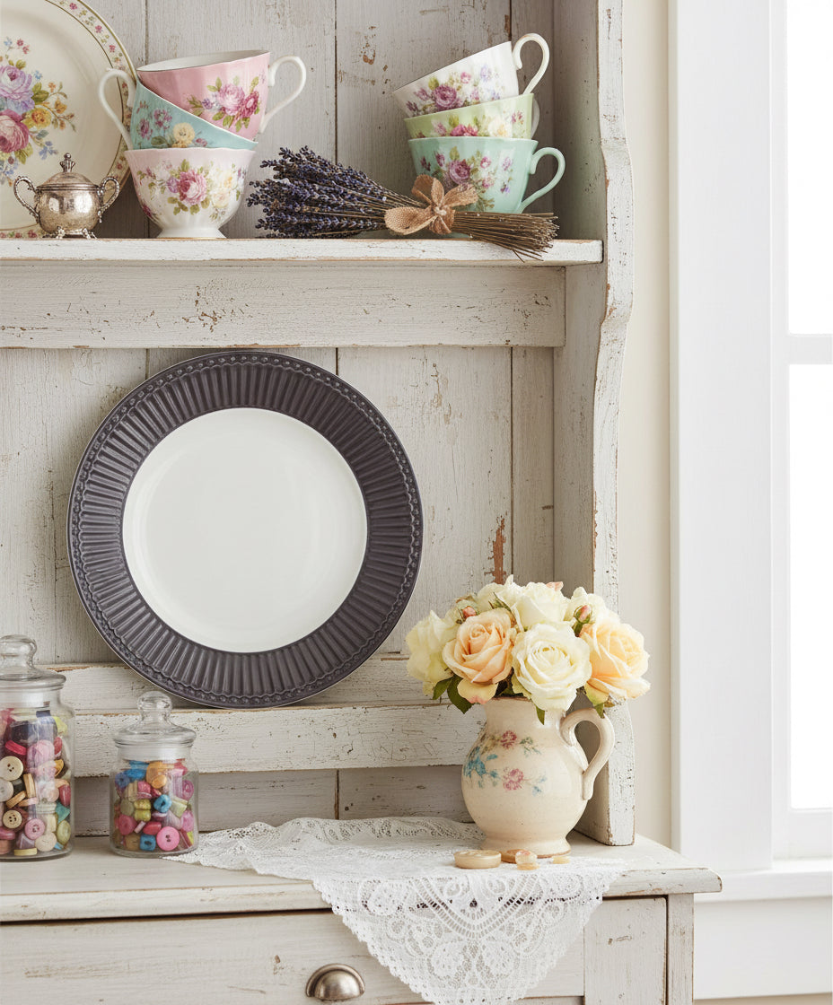 GreenGate Frühstücksteller Alice Schokolade 23 cm mit Rillenstruktur im Landhausregal dekoriert