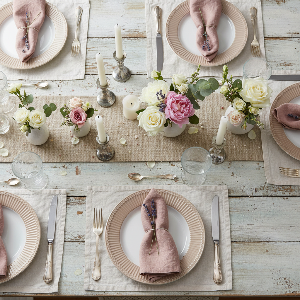 GreenGate Frühstücksteller Alice Fudge 23 cm auf romantisch gedecktem Tisch im Landhausstil