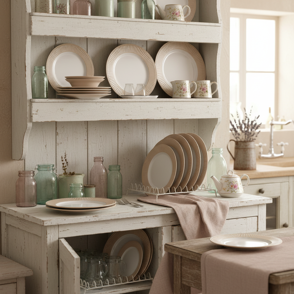 GreenGate Alice Serie Fudge Frühstücksteller 23 cm im Landhausregal dekoriert