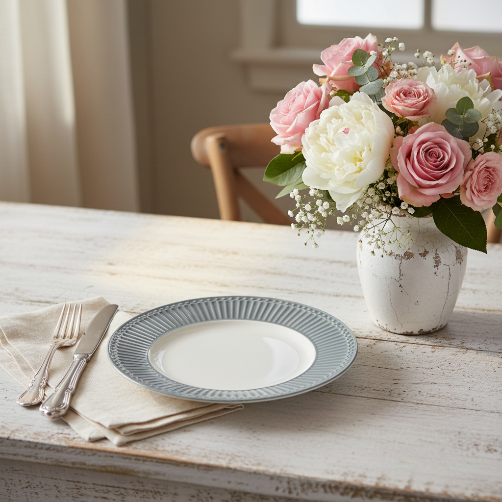 GreenGate Frühstücksteller Alice Steingrau 23 cm auf hellem Holztisch mit Rosenstrauß im skandinavischen Stil